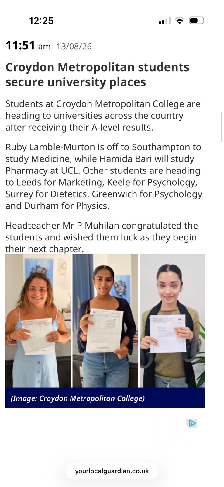 Croydon Metropolitan College students celebrating their A-Level results